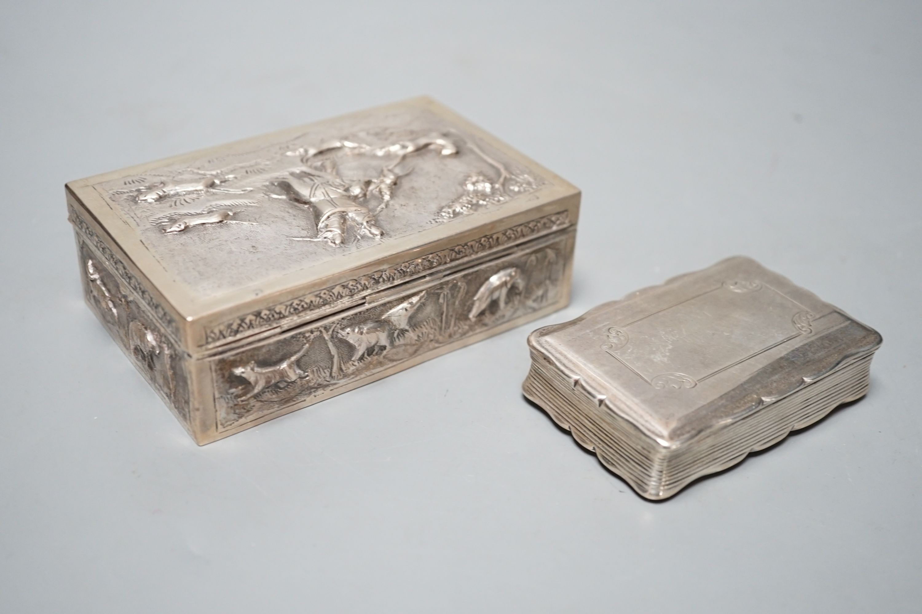 A Victorian silver snuff box, Nathaniel Mills, Birmingham, 1852, 81mm, together with a Indian white metal box.